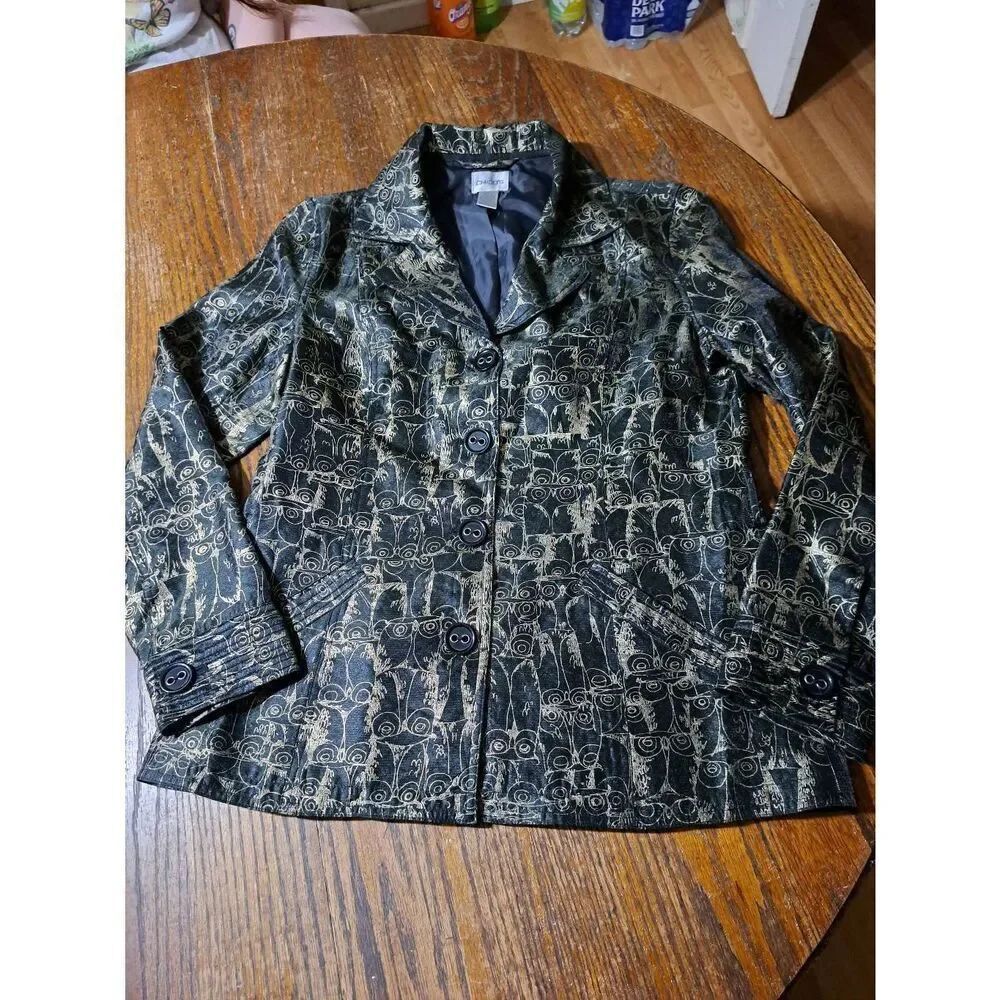 Size 4 Chicos Size 0 Black Gold Metallic Long Sleeve Jacket Blazer Missing Belt